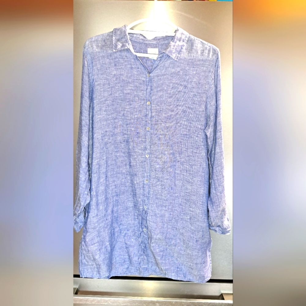 Ladies Sigrid Olsen 100% Linen Long Button Down Shirt Top Blue Roll-Tab Large
